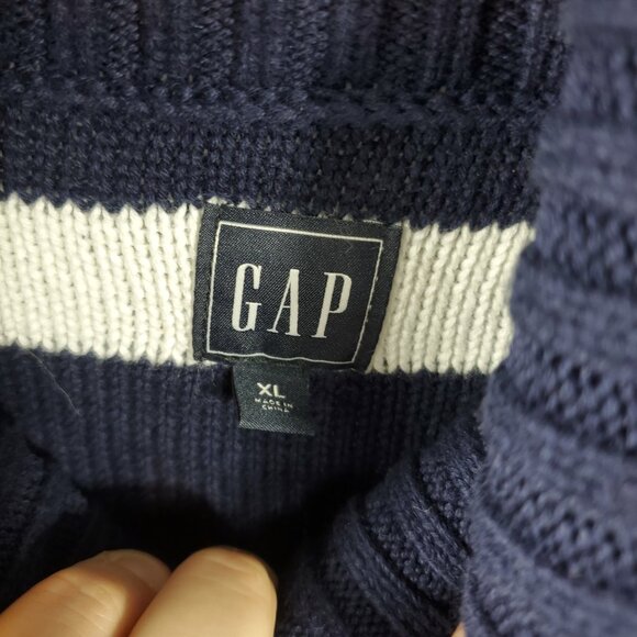 Gap Chunky Knit Turtleneck Navy Blue White Stripe Lng Slv Sweater Sz XL - Picture 7 of 12